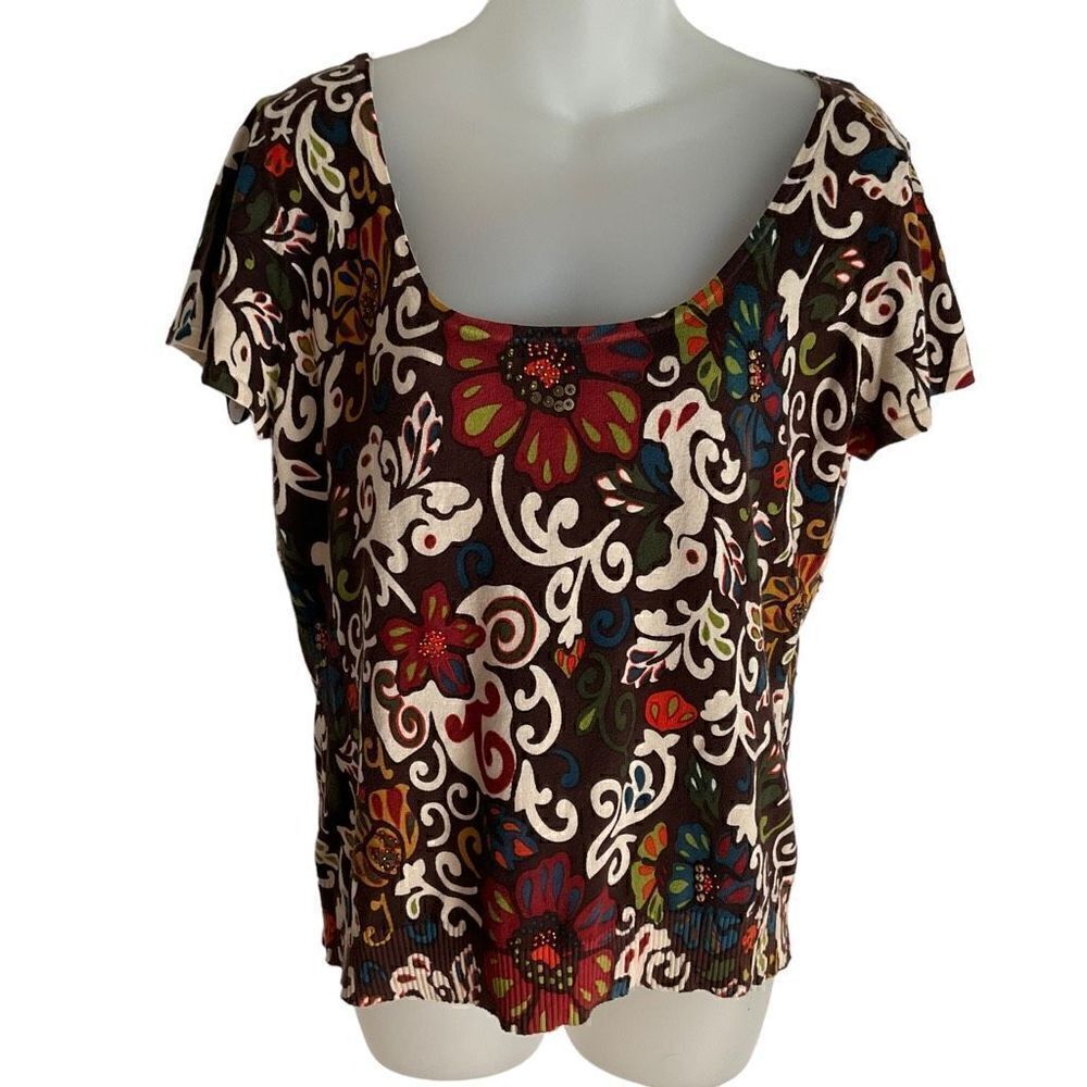 Lafayette 148 New York Blouse T-shirt Sequined Beaded Floral Tan Brown Red Large